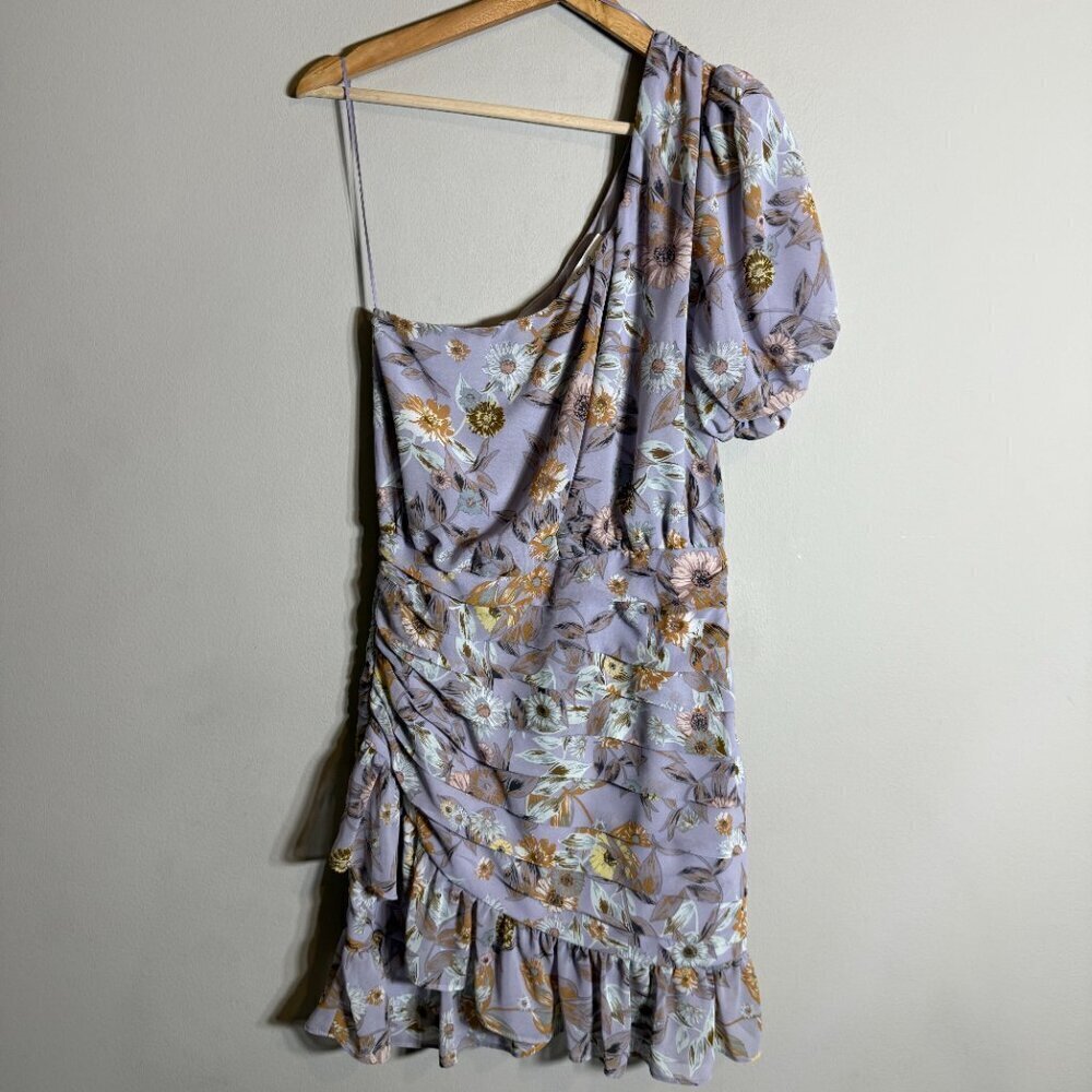 ASTR The Label Periwinkle Floral One Shoulder Tulip Mini Dress Women's Medium - Picture 6 of 14